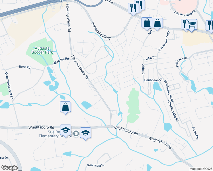 map of restaurants, bars, coffee shops, grocery stores, and more near 3401 Helena Springs Lane in Augusta