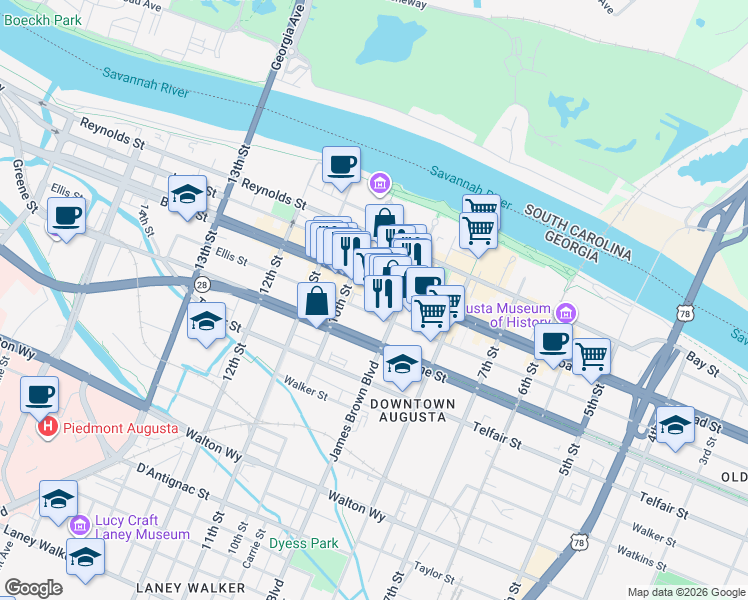 map of restaurants, bars, coffee shops, grocery stores, and more near 937 Ellis Street in Augusta