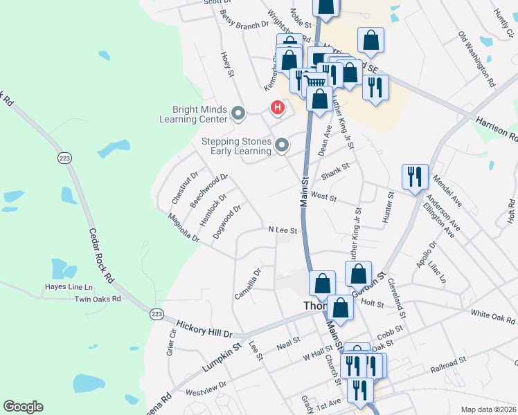 map of restaurants, bars, coffee shops, grocery stores, and more near 605 Beechwood Drive in Thomson