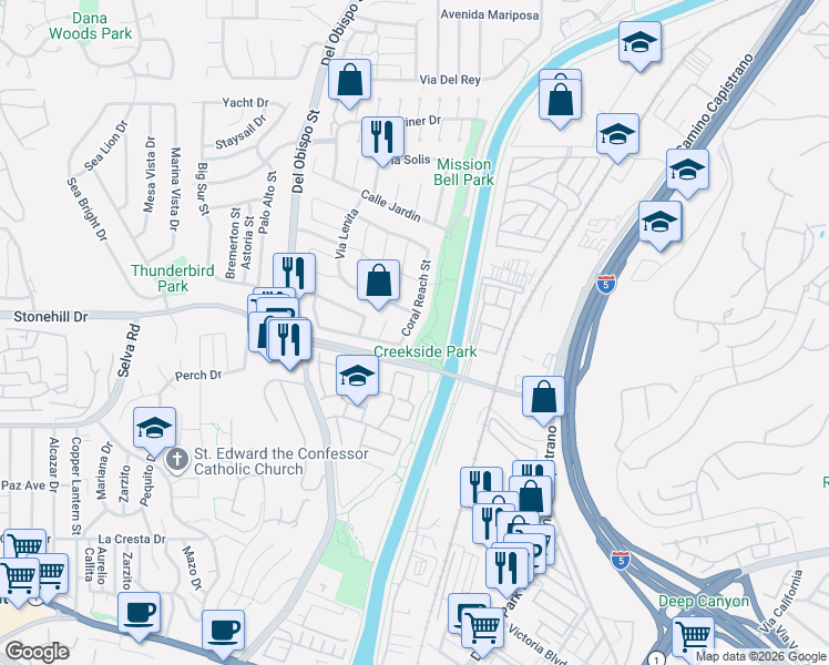 map of restaurants, bars, coffee shops, grocery stores, and more near 33552 Coral Reach Street in Dana Point