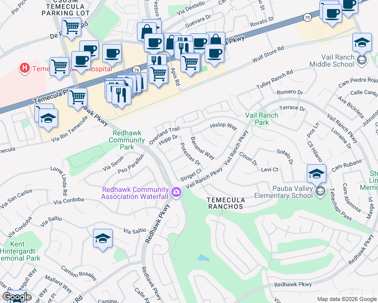 map of restaurants, bars, coffee shops, grocery stores, and more near 44822 Potestas Drive in Temecula