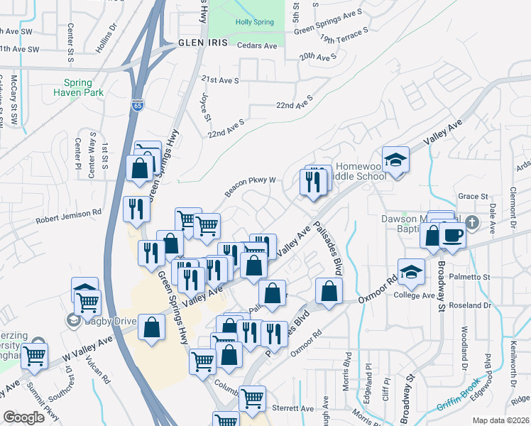 map of restaurants, bars, coffee shops, grocery stores, and more near 750 Rockhurst Drive in Birmingham