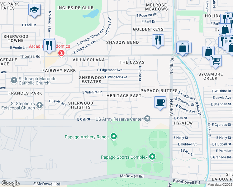 map of restaurants, bars, coffee shops, grocery stores, and more near 6025 East Wilshire Drive in Scottsdale