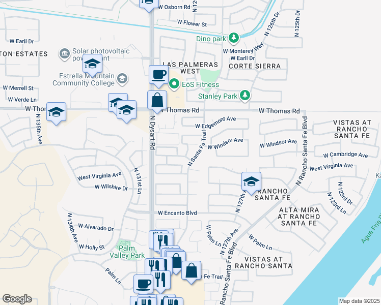 map of restaurants, bars, coffee shops, grocery stores, and more near 2601 North 128th Drive in Avondale