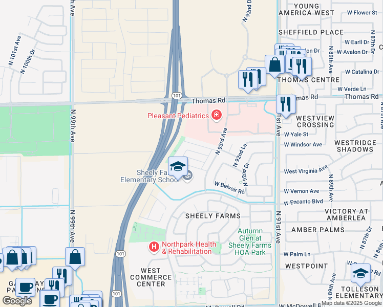map of restaurants, bars, coffee shops, grocery stores, and more near 9441 West Jamestown Road in Phoenix