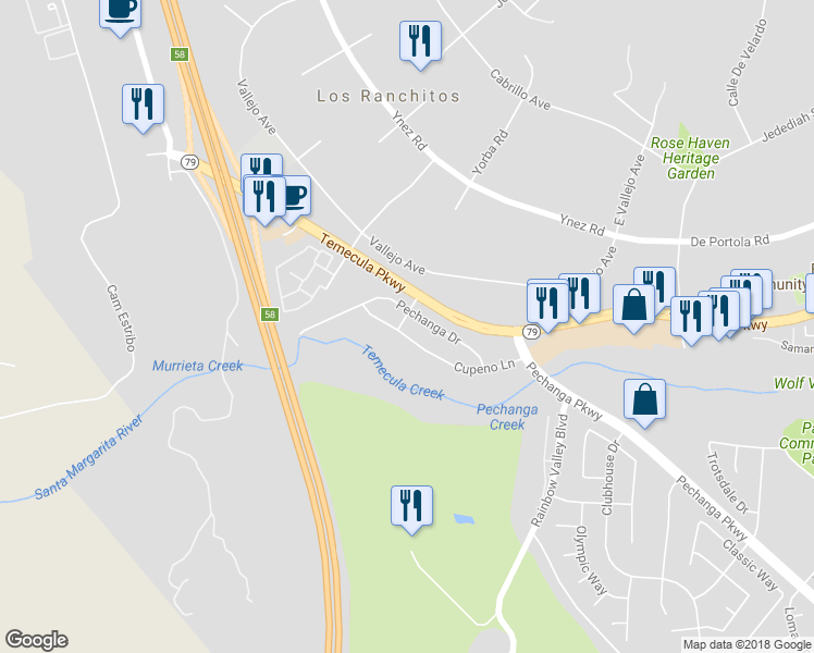 map of restaurants, bars, coffee shops, grocery stores, and more near 30242 Cupeno Lane in Temecula