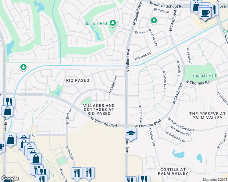 map of restaurants, bars, coffee shops, grocery stores, and more near 14783 West Windsor Avenue in Goodyear