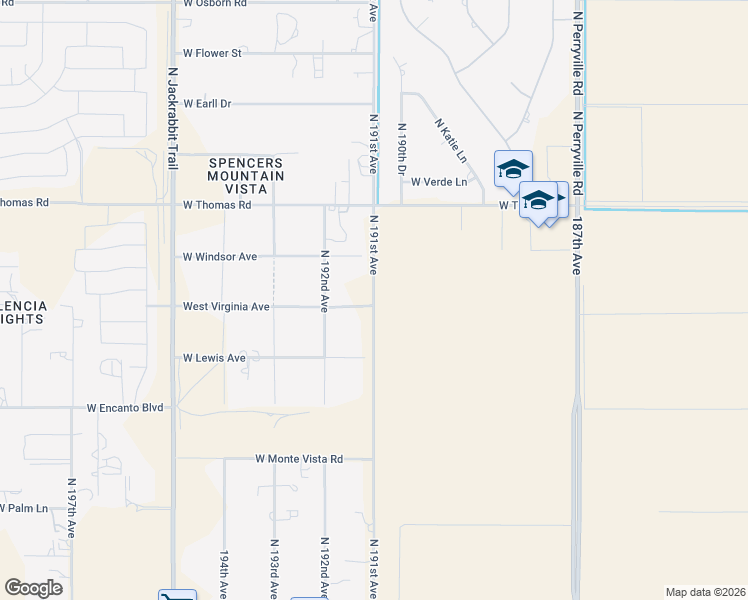 map of restaurants, bars, coffee shops, grocery stores, and more near 2512 North 191st Avenue in Buckeye