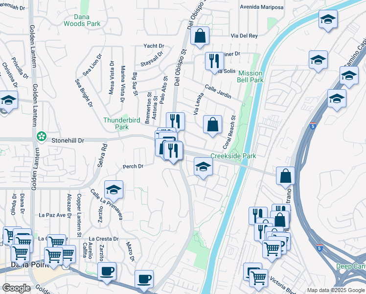 map of restaurants, bars, coffee shops, grocery stores, and more near 25572 Eastwind Drive in Dana Point