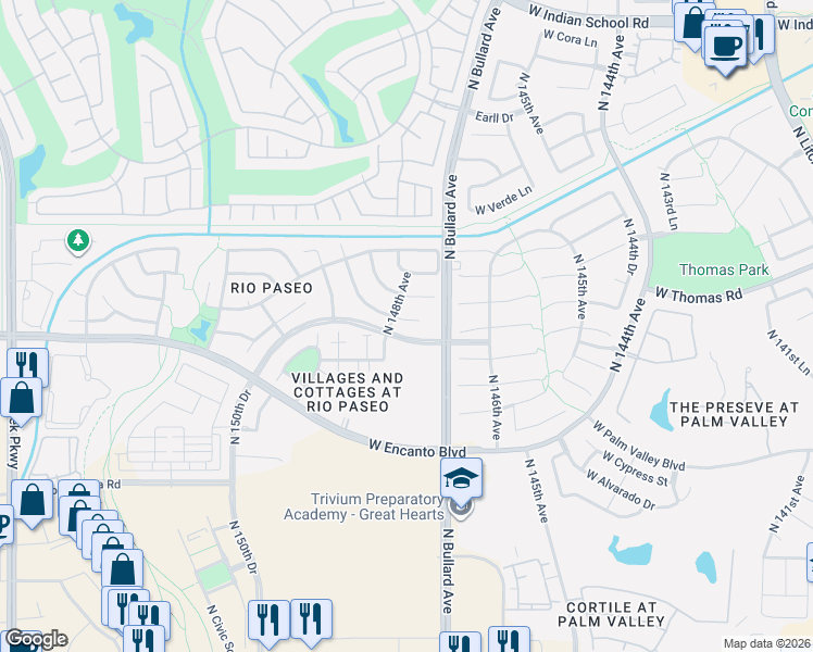 map of restaurants, bars, coffee shops, grocery stores, and more near 14783 West Windsor Avenue in Goodyear