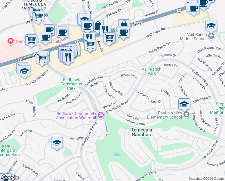 map of restaurants, bars, coffee shops, grocery stores, and more near 44781 Bananal Way in Temecula
