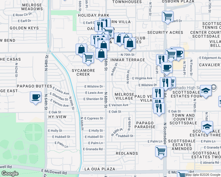 map of restaurants, bars, coffee shops, grocery stores, and more near 2521 North 68th Street in Scottsdale