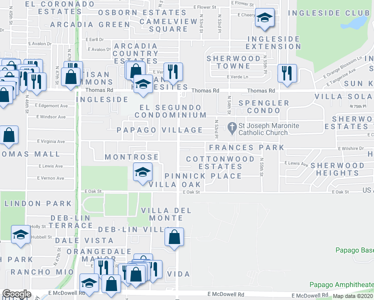 map of restaurants, bars, coffee shops, grocery stores, and more near 2525 North 52nd Street in Phoenix