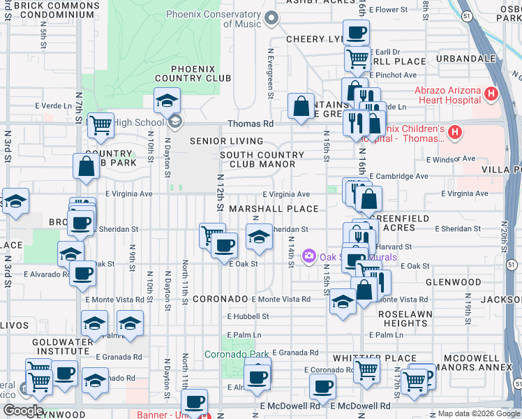 map of restaurants, bars, coffee shops, grocery stores, and more near 2514 North 13th Street in Phoenix