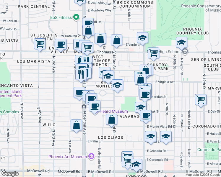 map of restaurants, bars, coffee shops, grocery stores, and more near 94 East Ashland Avenue in Phoenix