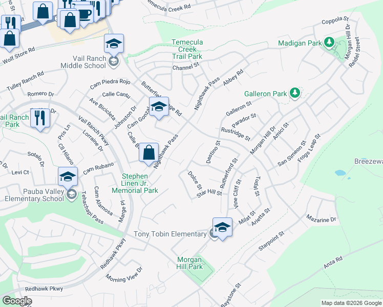 map of restaurants, bars, coffee shops, grocery stores, and more near 44804 Mumm Street in Temecula