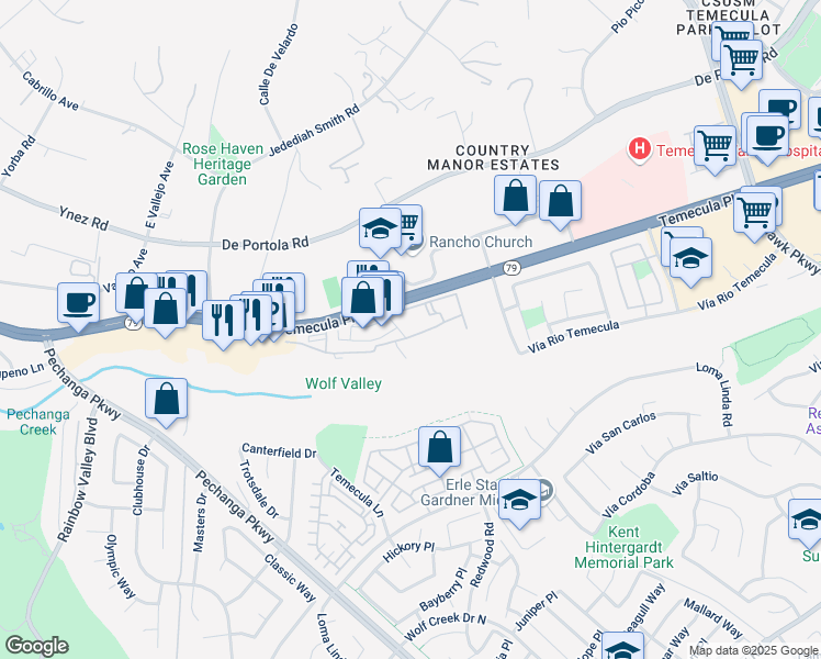 map of restaurants, bars, coffee shops, grocery stores, and more near 31333 Temecula Parkway in Temecula
