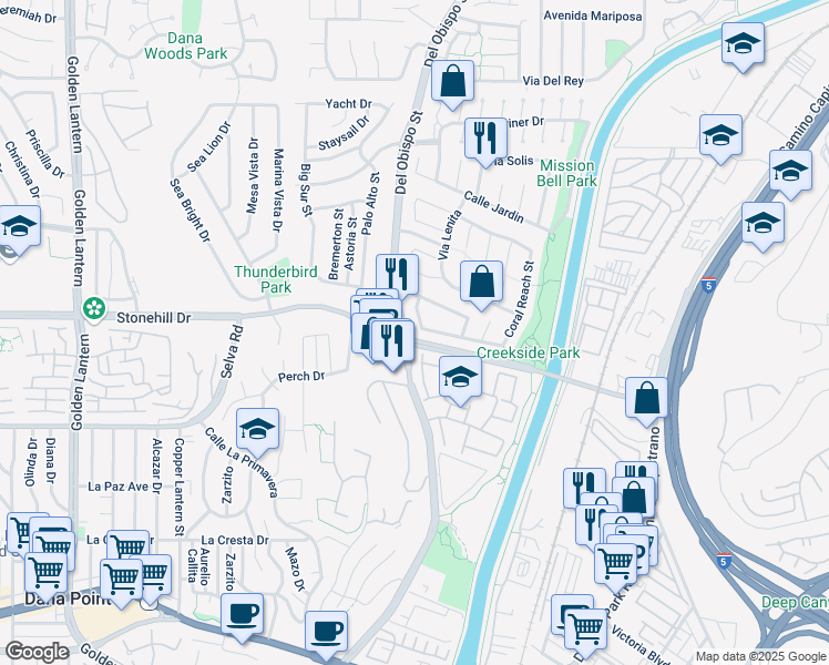 map of restaurants, bars, coffee shops, grocery stores, and more near 25572 Eastwind Drive in Dana Point