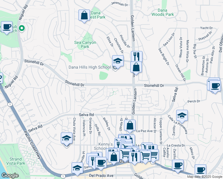 map of restaurants, bars, coffee shops, grocery stores, and more near 24621 Harbor View Drive in Dana Point
