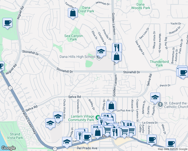 map of restaurants, bars, coffee shops, grocery stores, and more near 24621 Harbor View Drive in Dana Point