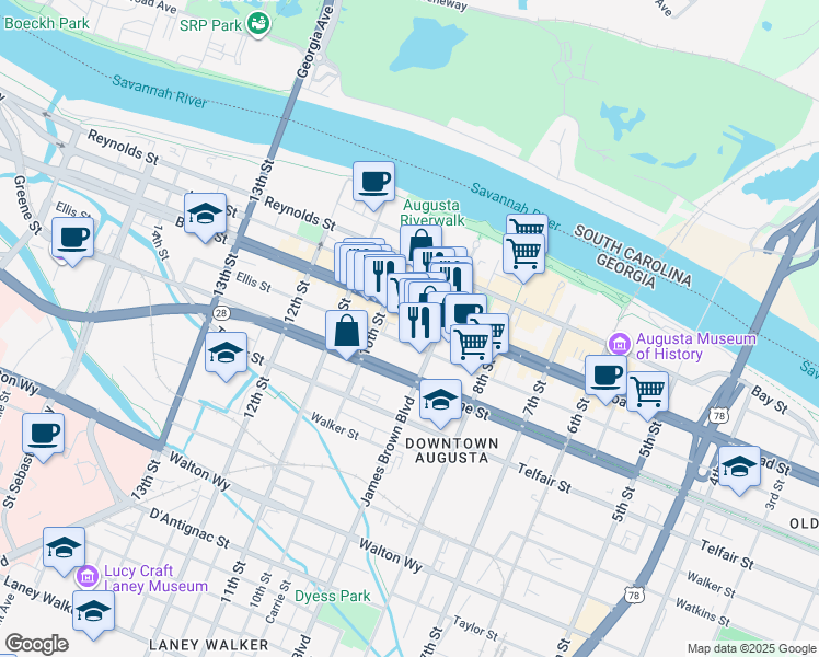 map of restaurants, bars, coffee shops, grocery stores, and more near 937 Ellis Street in Augusta