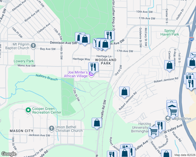 map of restaurants, bars, coffee shops, grocery stores, and more near 911 Nassau Avenue Southwest in Birmingham