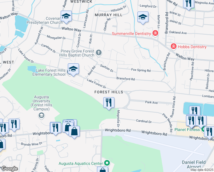 map of restaurants, bars, coffee shops, grocery stores, and more near 16 Lake Forest Court in Augusta