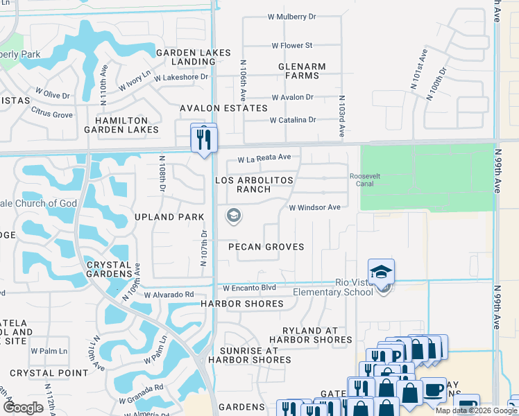 map of restaurants, bars, coffee shops, grocery stores, and more near 10609 West Windsor Avenue in Avondale