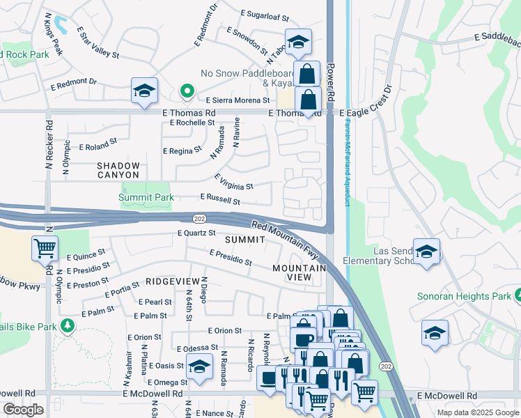 map of restaurants, bars, coffee shops, grocery stores, and more near 6565 East Russell Street in Mesa