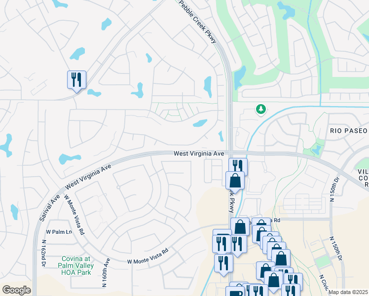 map of restaurants, bars, coffee shops, grocery stores, and more near 15701 West Roanoke Avenue in Goodyear