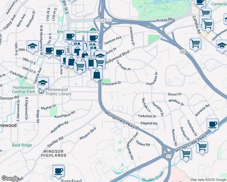 map of restaurants, bars, coffee shops, grocery stores, and more near 2036 Lancaster Road in Homewood