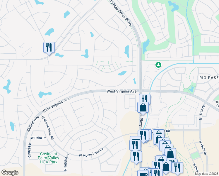 map of restaurants, bars, coffee shops, grocery stores, and more near 15701 West Roanoke Avenue in Goodyear