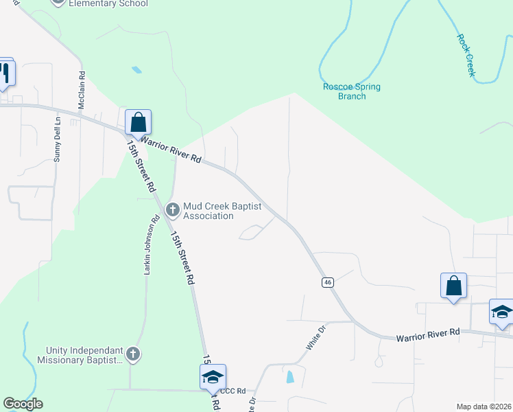 map of restaurants, bars, coffee shops, grocery stores, and more near 6342 Warrior River Road in Hueytown