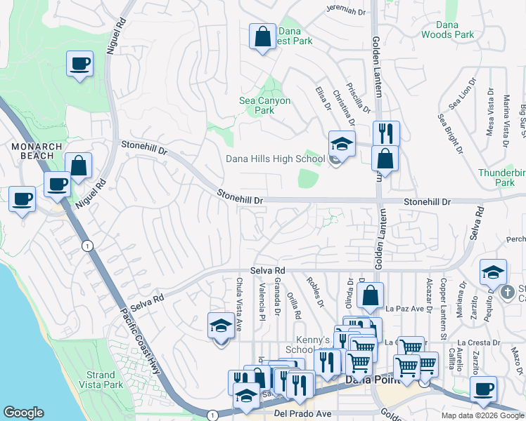 map of restaurants, bars, coffee shops, grocery stores, and more near 24098 Paseo Corona in Dana Point