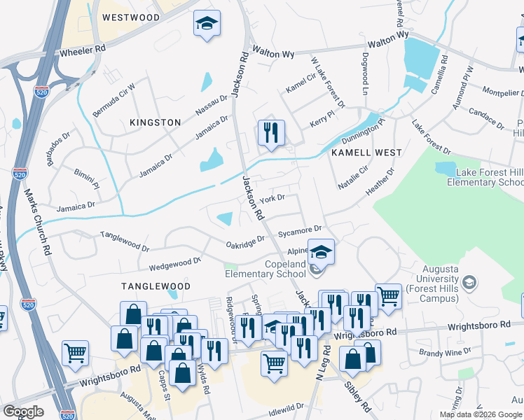 map of restaurants, bars, coffee shops, grocery stores, and more near 3225 Briarcliff Drive in Augusta