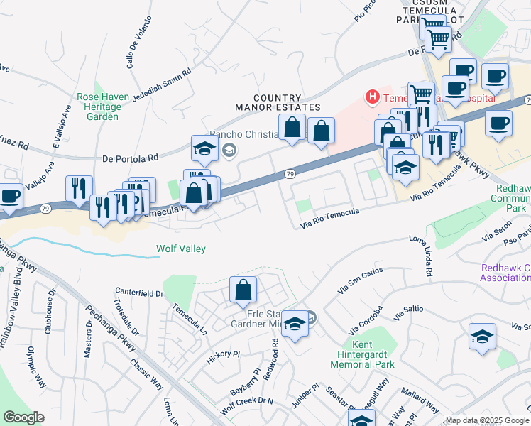 map of restaurants, bars, coffee shops, grocery stores, and more near 44792 Adam Lane in Temecula