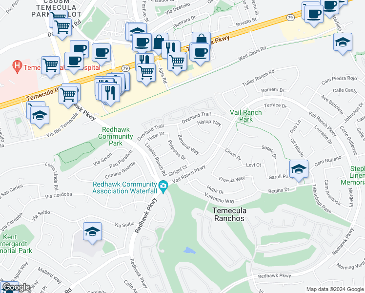 map of restaurants, bars, coffee shops, grocery stores, and more near 44781 Bananal Way in Temecula