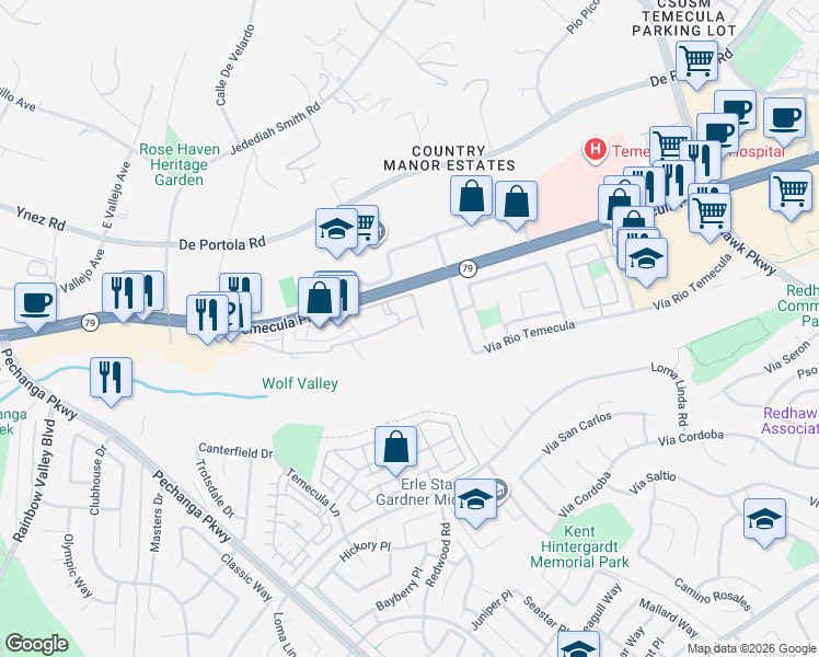 map of restaurants, bars, coffee shops, grocery stores, and more near in Temecula