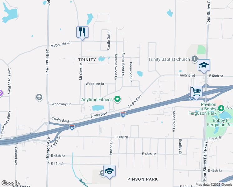 map of restaurants, bars, coffee shops, grocery stores, and more near 2006 Woodway Drive in Texarkana