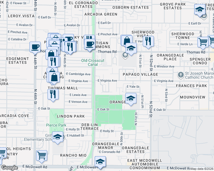 map of restaurants, bars, coffee shops, grocery stores, and more near 2523 North 48th Place in Phoenix