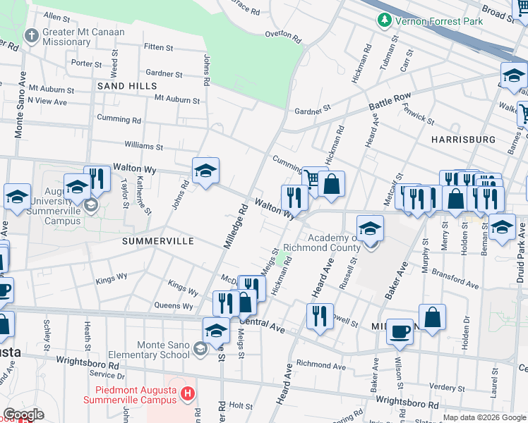 map of restaurants, bars, coffee shops, grocery stores, and more near 2138 Walton Way in Augusta
