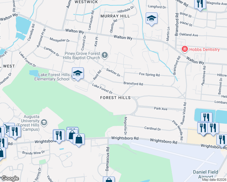 map of restaurants, bars, coffee shops, grocery stores, and more near 16 Lake Forest Court in Augusta