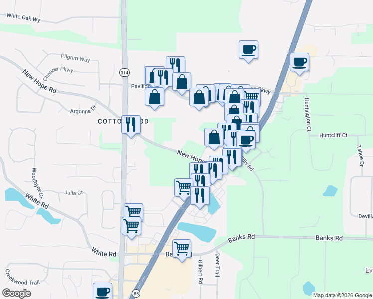 map of restaurants, bars, coffee shops, grocery stores, and more near 133 New Hope Road in Fayetteville