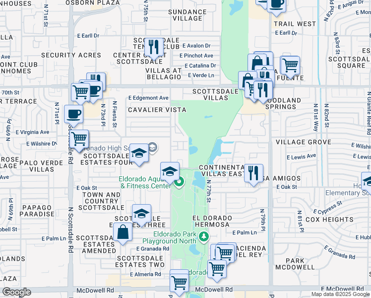 map of restaurants, bars, coffee shops, grocery stores, and more near 2521 North Miller Road in Scottsdale
