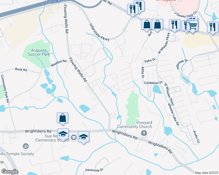 map of restaurants, bars, coffee shops, grocery stores, and more near Helena Springs Lane in Augusta