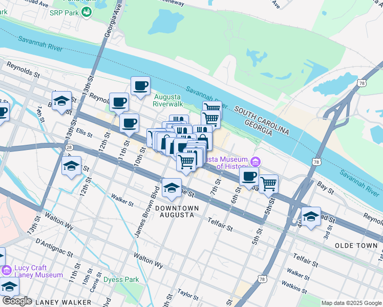 map of restaurants, bars, coffee shops, grocery stores, and more near 826 Broad Street in Augusta