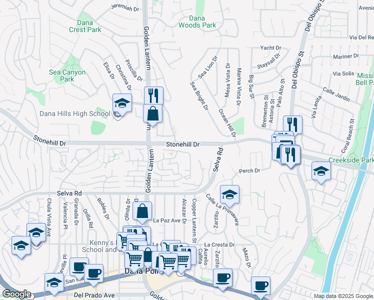map of restaurants, bars, coffee shops, grocery stores, and more near 24965 Seagate Drive in Dana Point