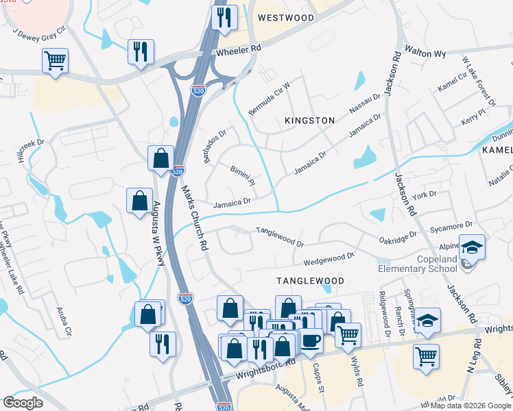 map of restaurants, bars, coffee shops, grocery stores, and more near 3377A Tanglewood Drive in Augusta