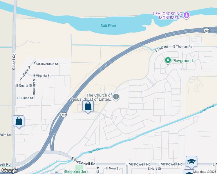 map of restaurants, bars, coffee shops, grocery stores, and more near 2717 East Lehi Road in Mesa
