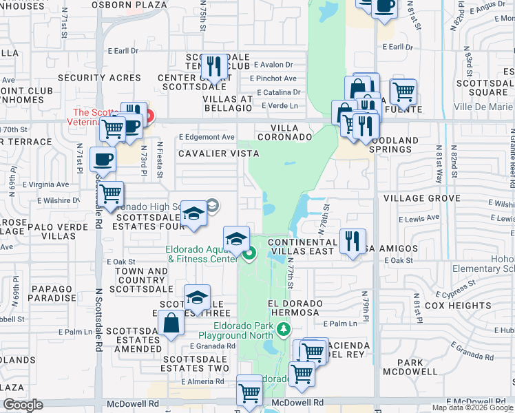 map of restaurants, bars, coffee shops, grocery stores, and more near 2521 North Miller Road in Scottsdale